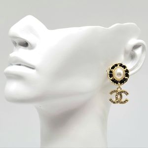 Chanel White Glass Pearl, Leather and Swarovski Crystal Gold Dangle Earrings